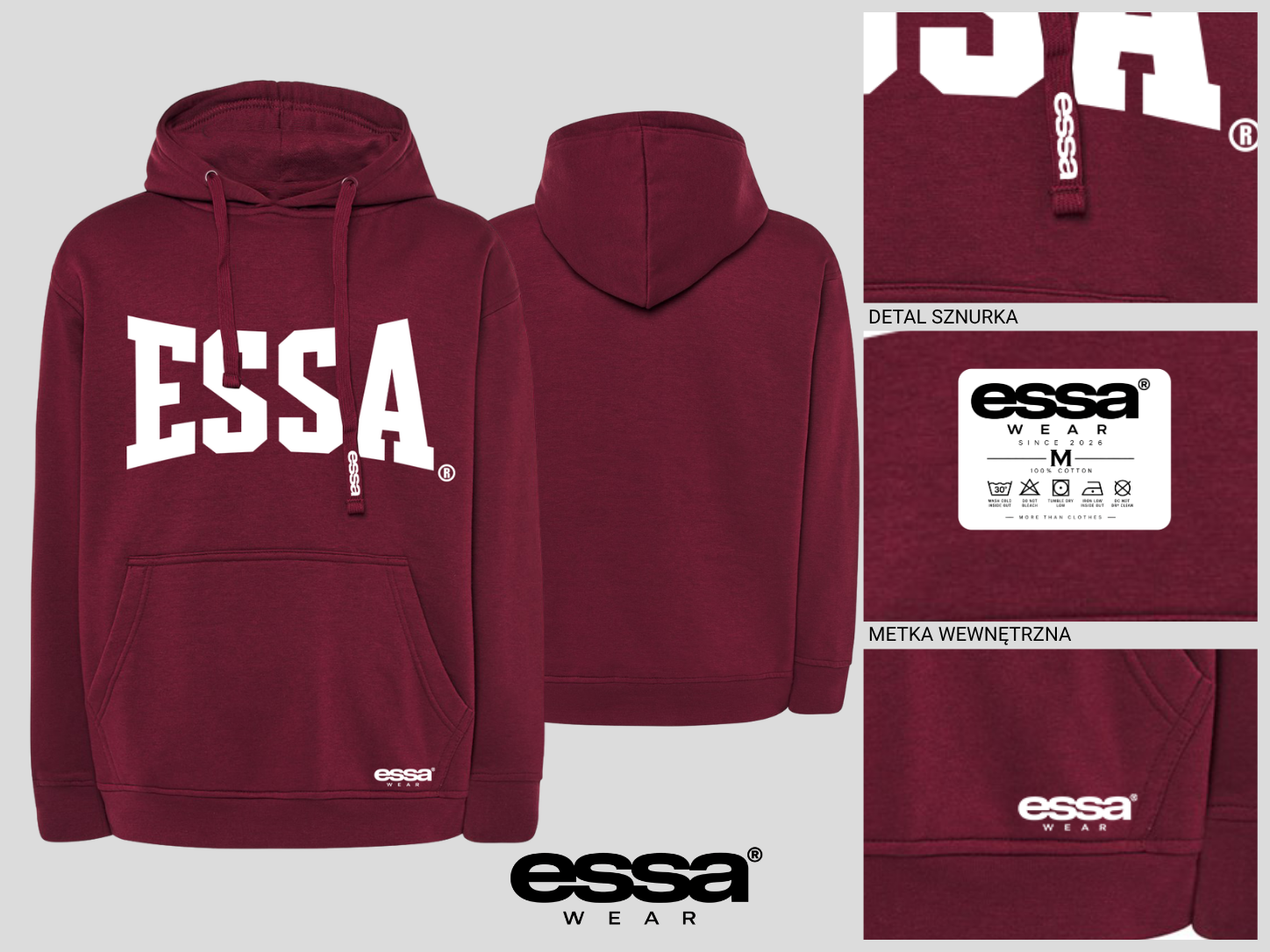 Karta produktowa czarnej bluzy ESSA Wear z detalami znakowania