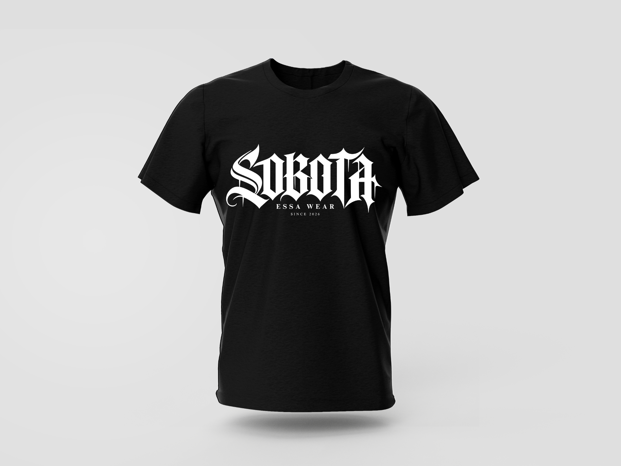 Wizualizacja czarnej koszulki z napisem Sobota i podpisem ESSA Wear Since 2026